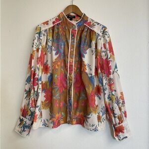 BEULAH STYLE Shirt Blouse Womens Large Red cream Floral Ruffles Wooden Buttons